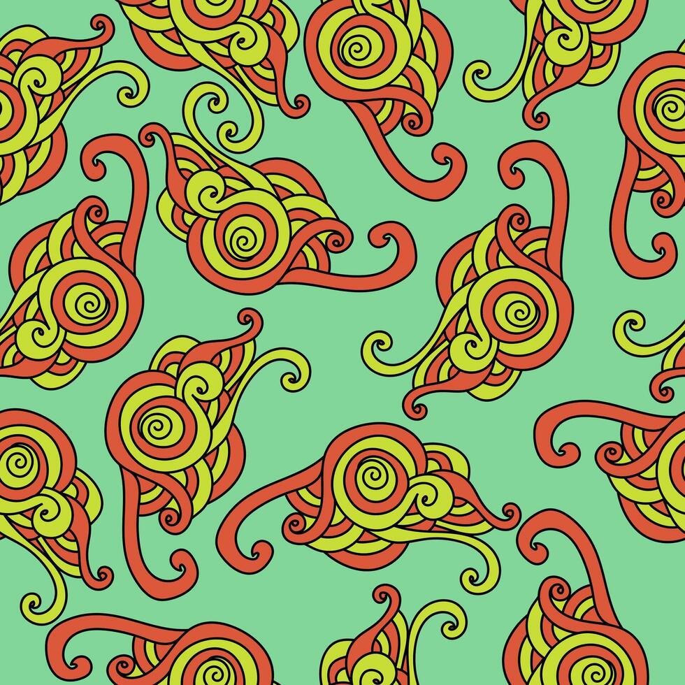 Seamless pattern of swirling tangles with spiral curls, yellow-orange motifs on a soft green background vector