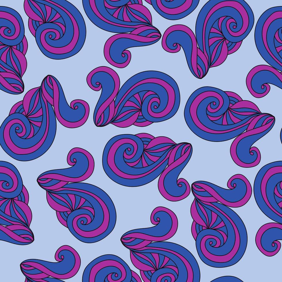 Seamless pattern of swirling tangles with spiral curls, blue-violet motifs on a gentle blue background vector
