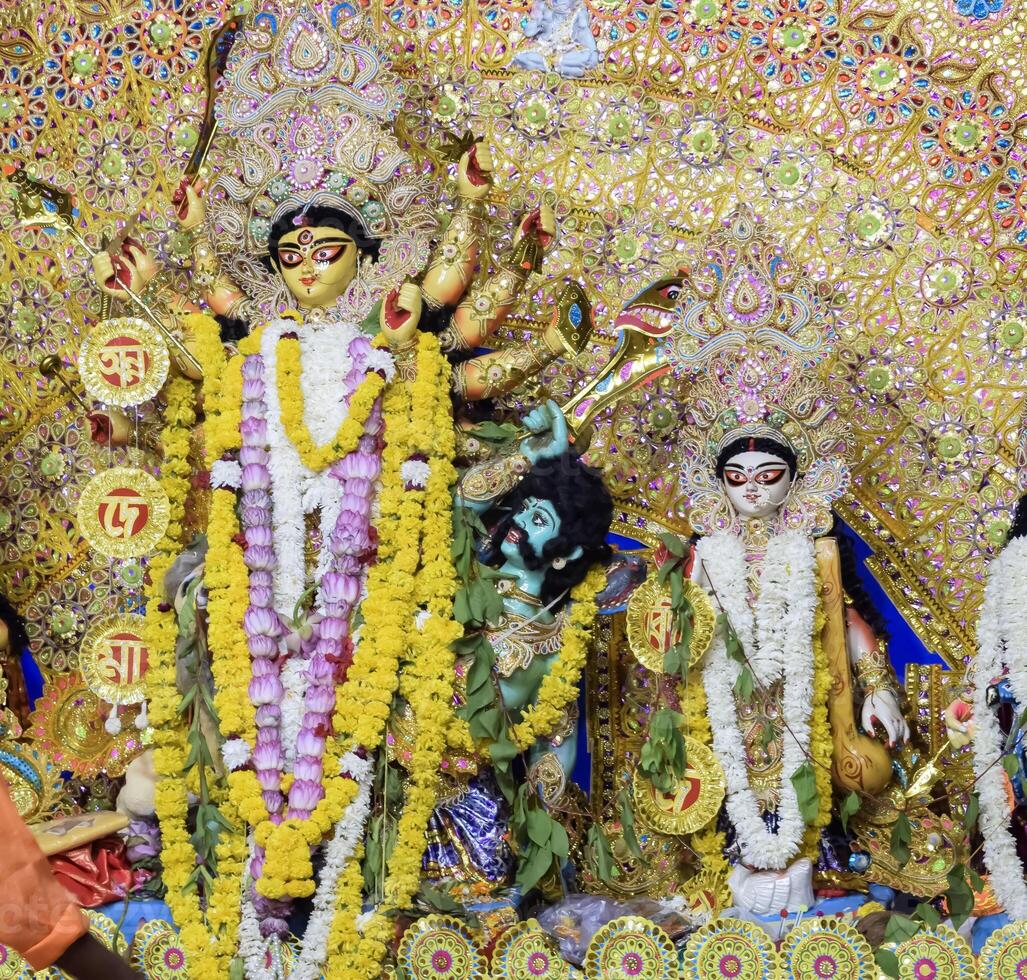 Goddess Durga with traditional look in close up view in Jhilmil Colony Delhi, Durga Puja Idol, A biggest Hindu festival in India photo