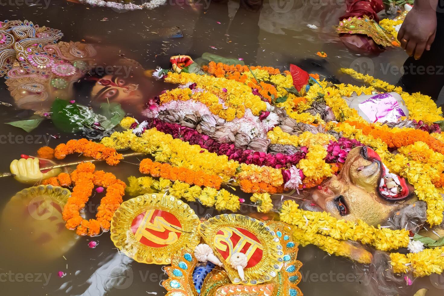 Goddess Durga with traditional look in close up view in Jhilmil Colony Delhi, Durga Puja Idol, A biggest Hindu festival in India photo