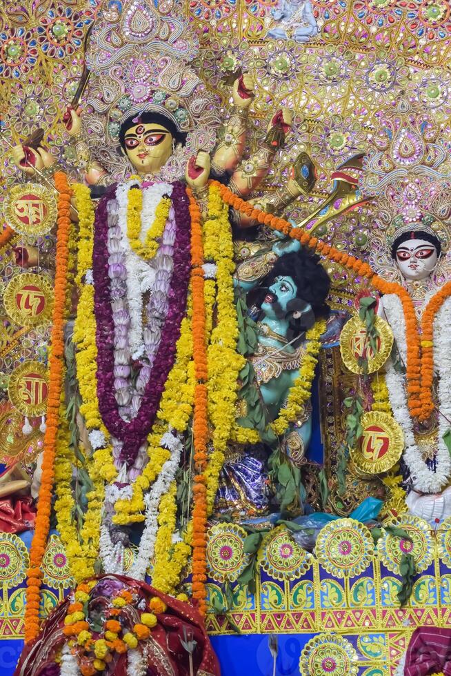 Goddess Durga with traditional look in close up view in Jhilmil Colony Delhi, Durga Puja Idol, A biggest Hindu festival in India photo