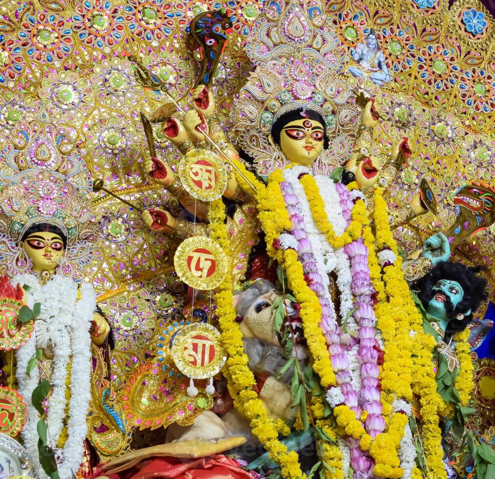 Goddess Durga with traditional look in close up view in Jhilmil Colony Delhi, Durga Puja Idol, A biggest Hindu festival in India photo