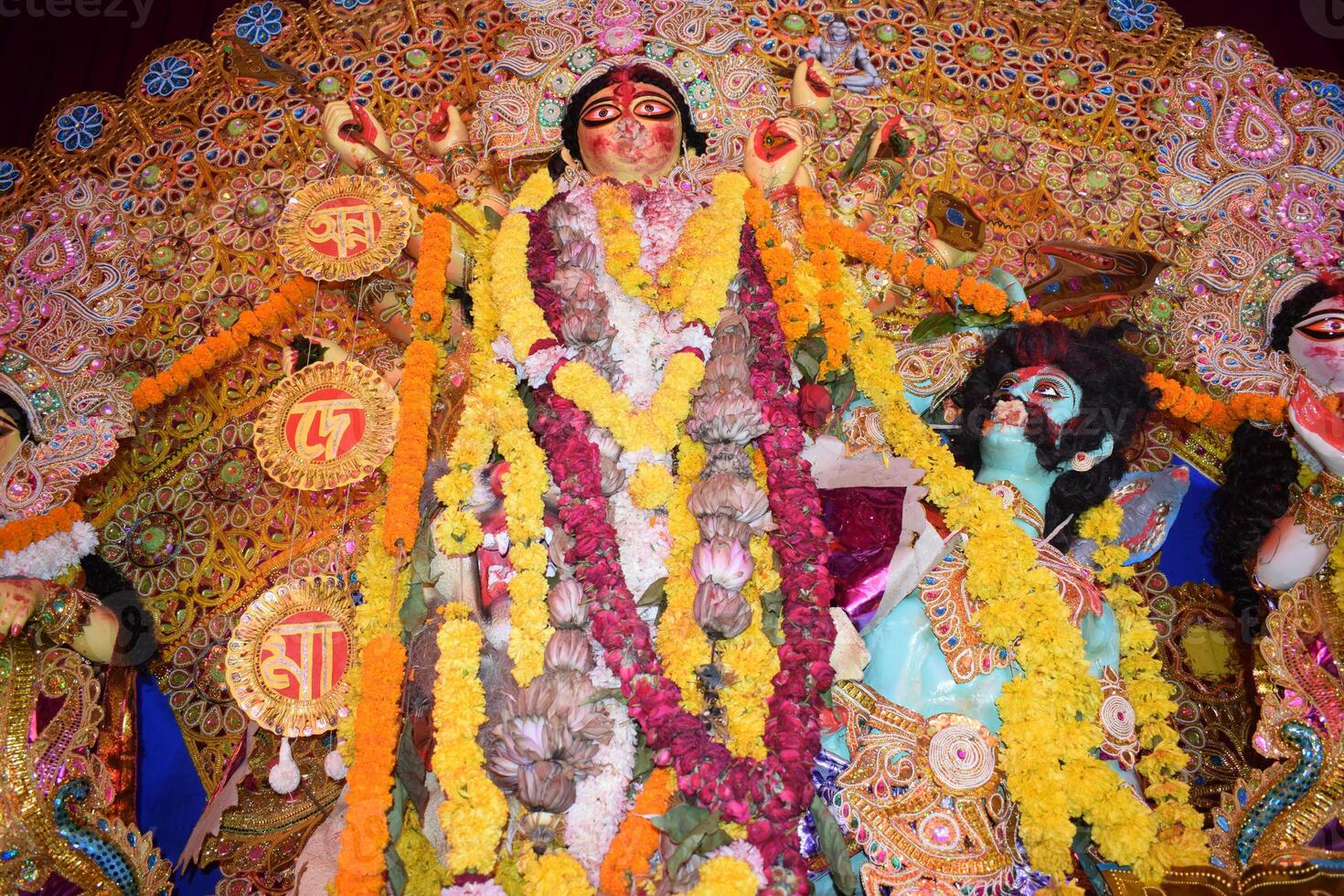 Goddess Durga with traditional look in close up view in Jhilmil Colony Delhi, Durga Puja Idol, A biggest Hindu festival in India photo