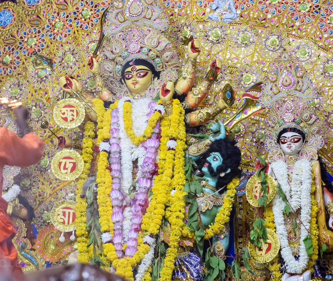 Goddess Durga with traditional look in close up view in Jhilmil Colony Delhi, Durga Puja Idol, A biggest Hindu festival in India photo