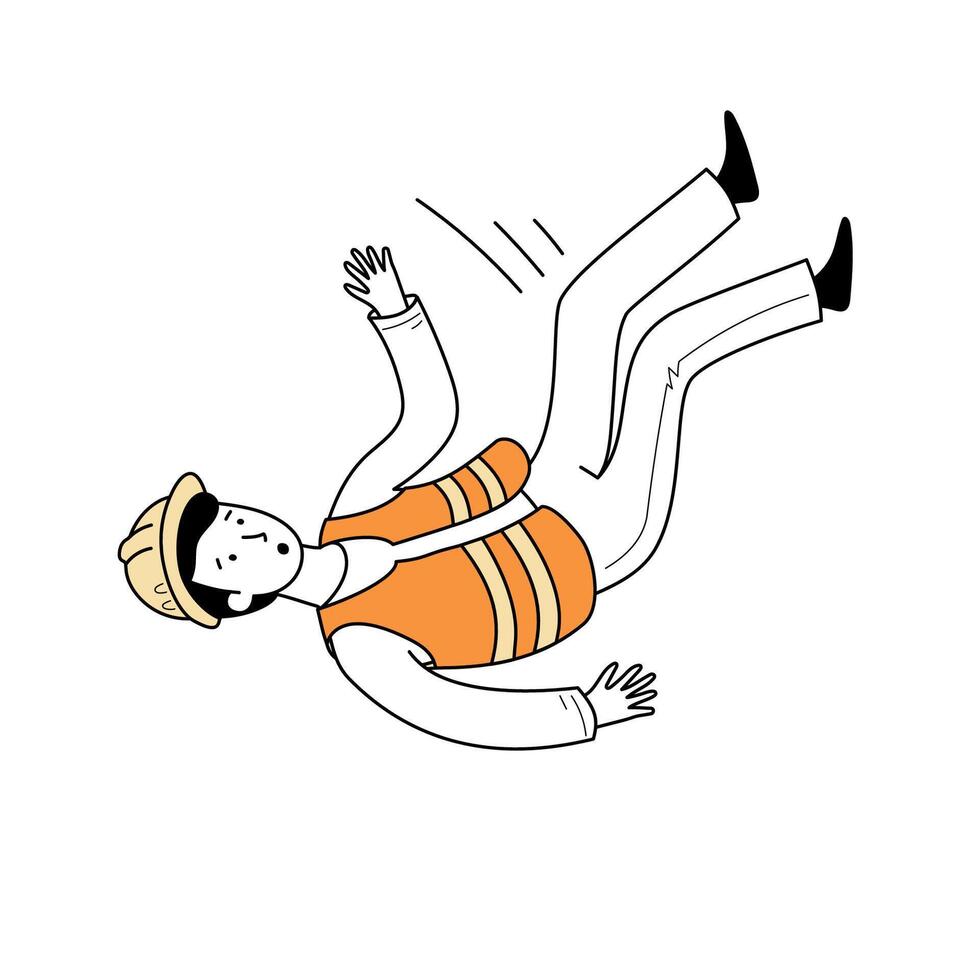 Injured worker fall accident. Line drawn doodle vector