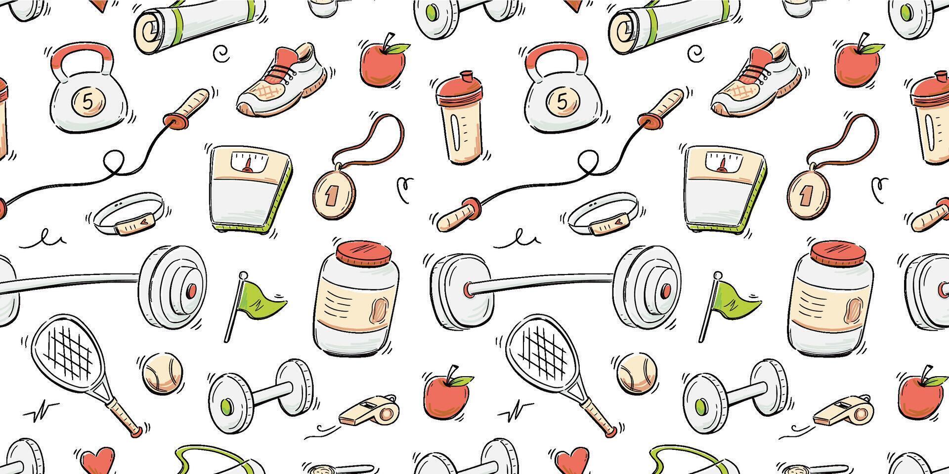Doodle gym sketch health seamless pattern background. Hand drawn sketch doodle healthy sport, gym fit exercise equipment background. Hand drawn tennis ball, bottle, dumbbell fit. vector