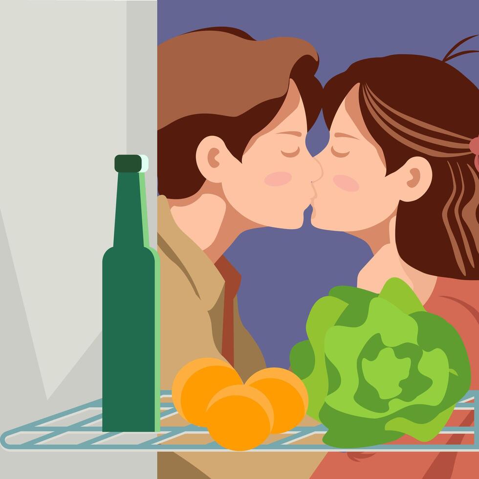 A couple in love kissing next to an open refrigerator. Bottle with oranges and cabbage inside the refrigerator. vector