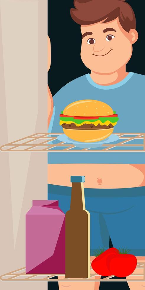The fat man in front of the refrigerator is looking at a hamburger. Bottle, milk and tomatoes inside the refrigerator. vector