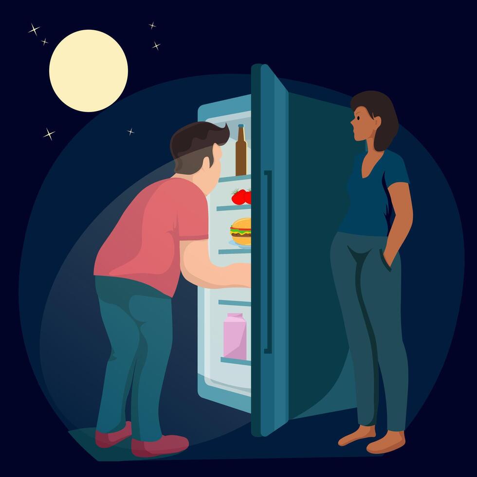 Illustration of a late night snack in the kitchen in the dark, an open refrigerator and a woman waiting with an evil face. vector