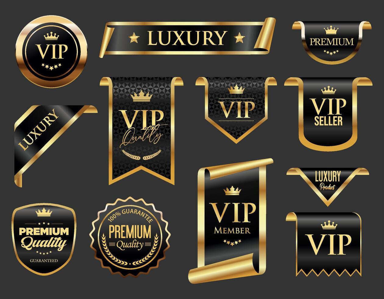 VIP and premium emblem black and gold isolated on gray background vector
