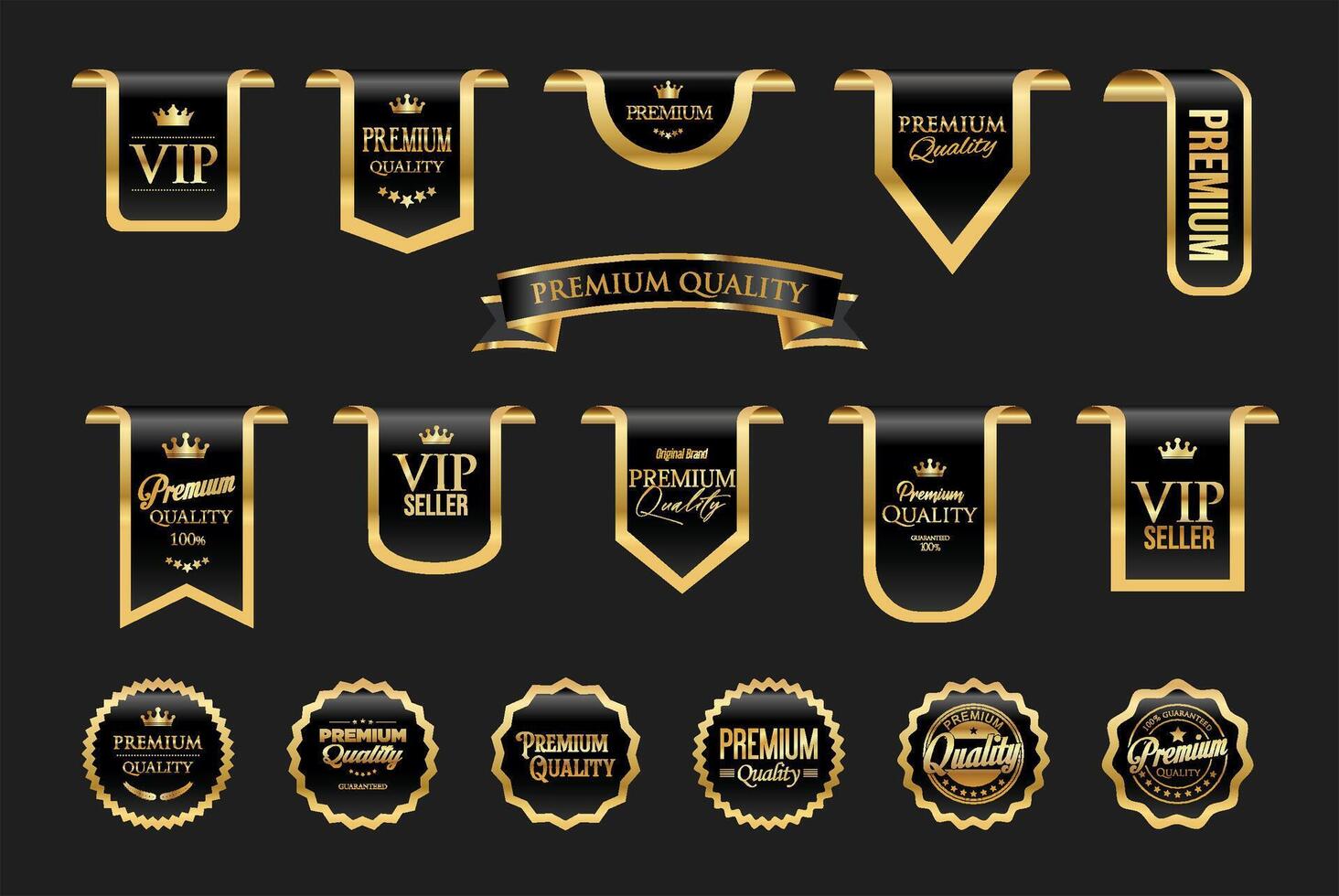 Gold and bronze luxury labels and badges premium quality certificate ribbons vector