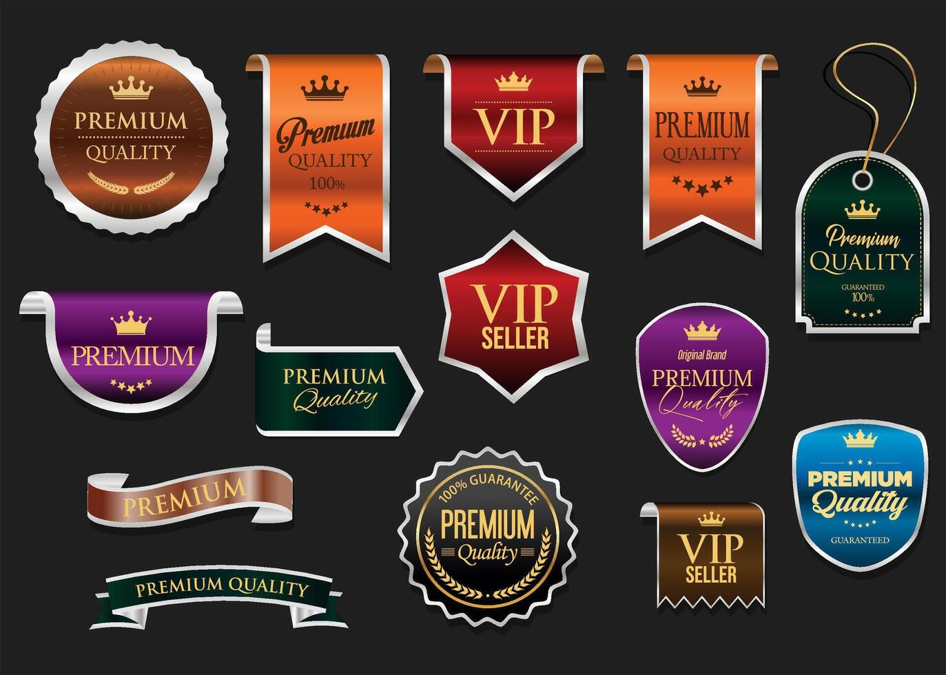 Gold and bronze luxury labels and badges premium quality certificate ribbons illustration vector