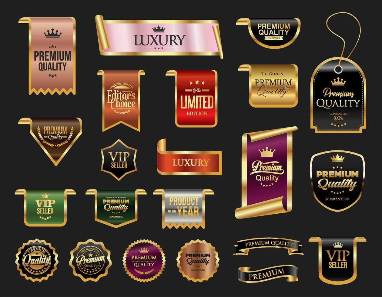 Golden colorful luxury labels and badges premium quality certificate ribbons illustration vector