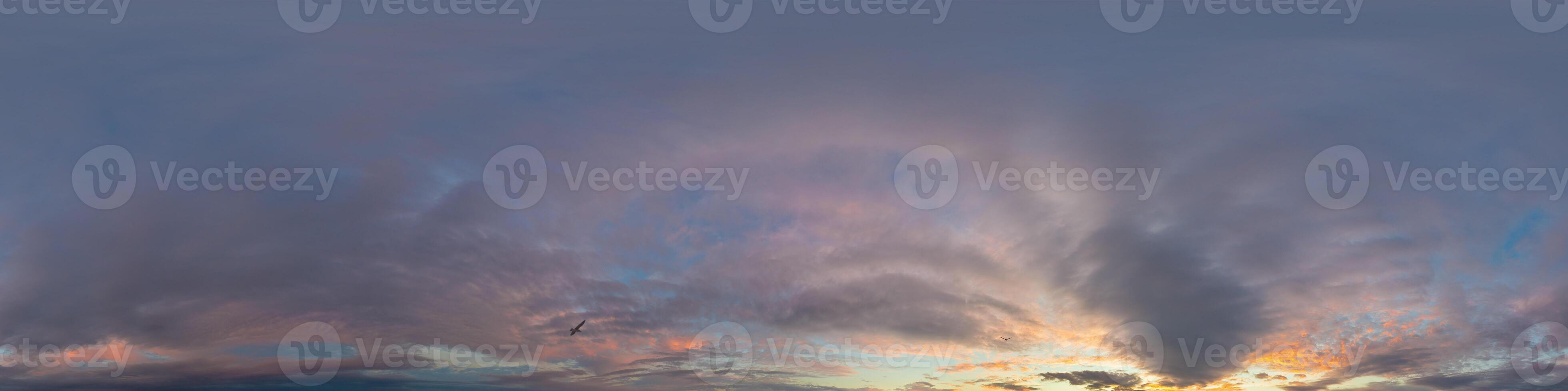 Dark blue sunset sky panorama with pink Cumulus clouds. Seamless hdr 360 panorama in spherical equirectangular format. Full zenith for 3D visualization, sky replacement for aerial drone panoramas. photo