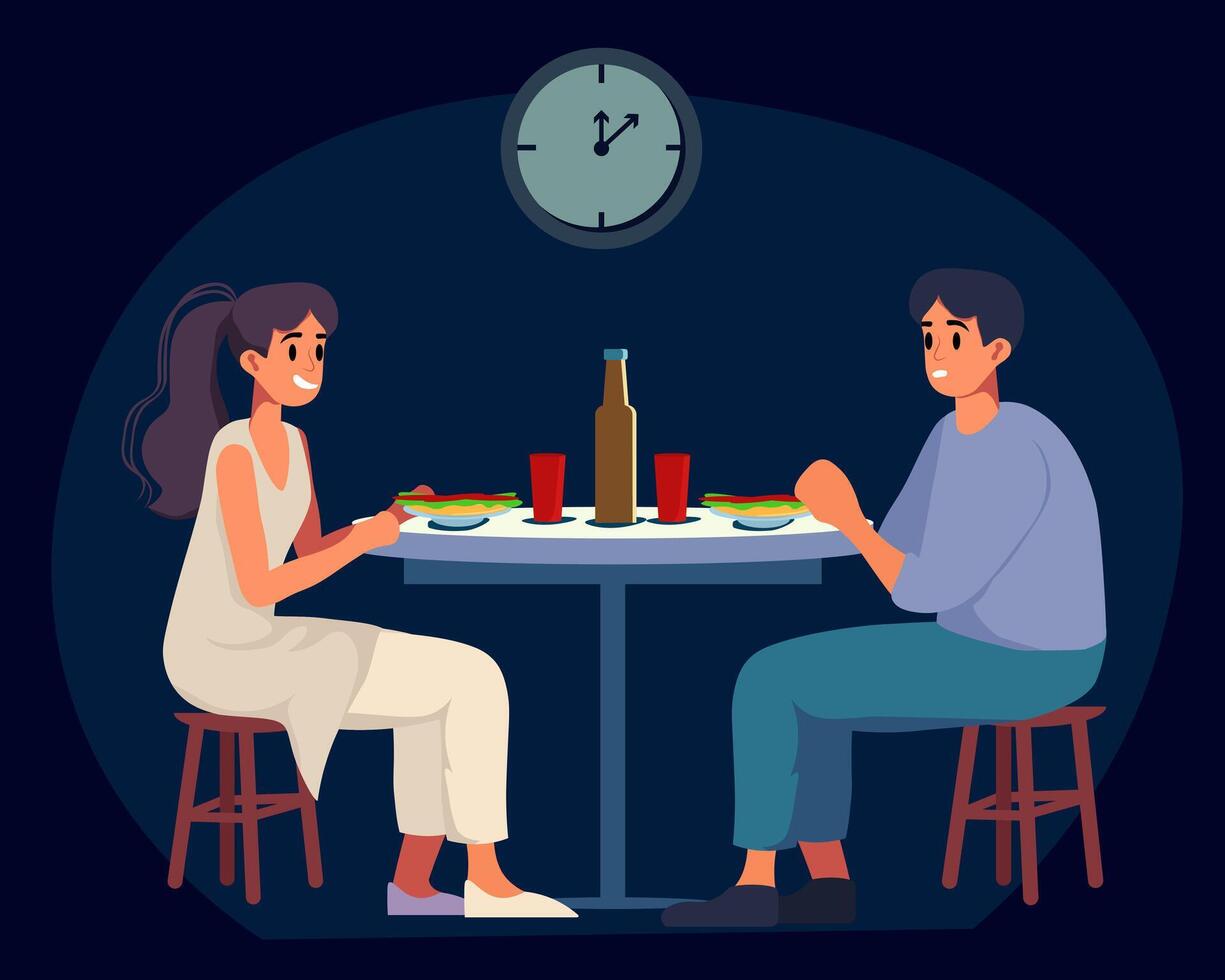 Illustration of a late night snack of a man and a woman. Date in the kitchen in the dark. vector