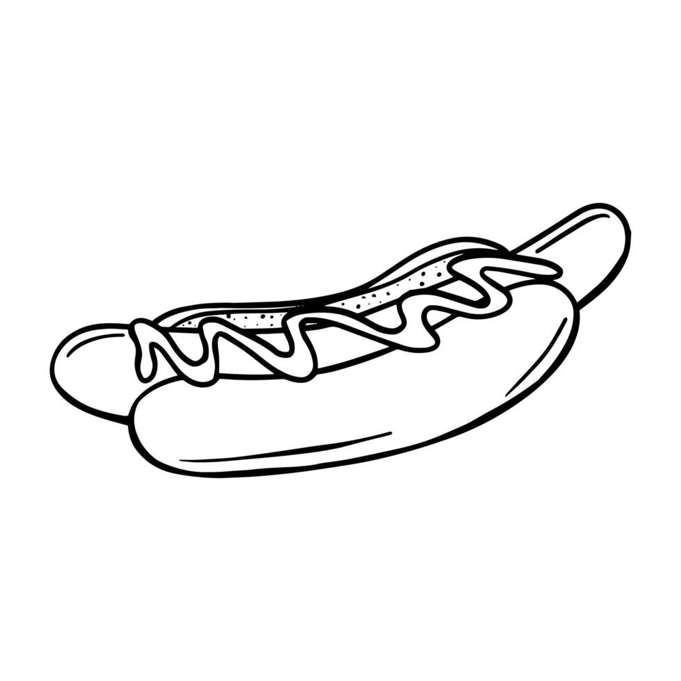 Hot dog sketch illustration. Fast food drawing in line art style. Hand drawn doodle of hot dog with mustard painted by black inks. Unhealthy food outline line icon. Decoration for menus, signboards vector