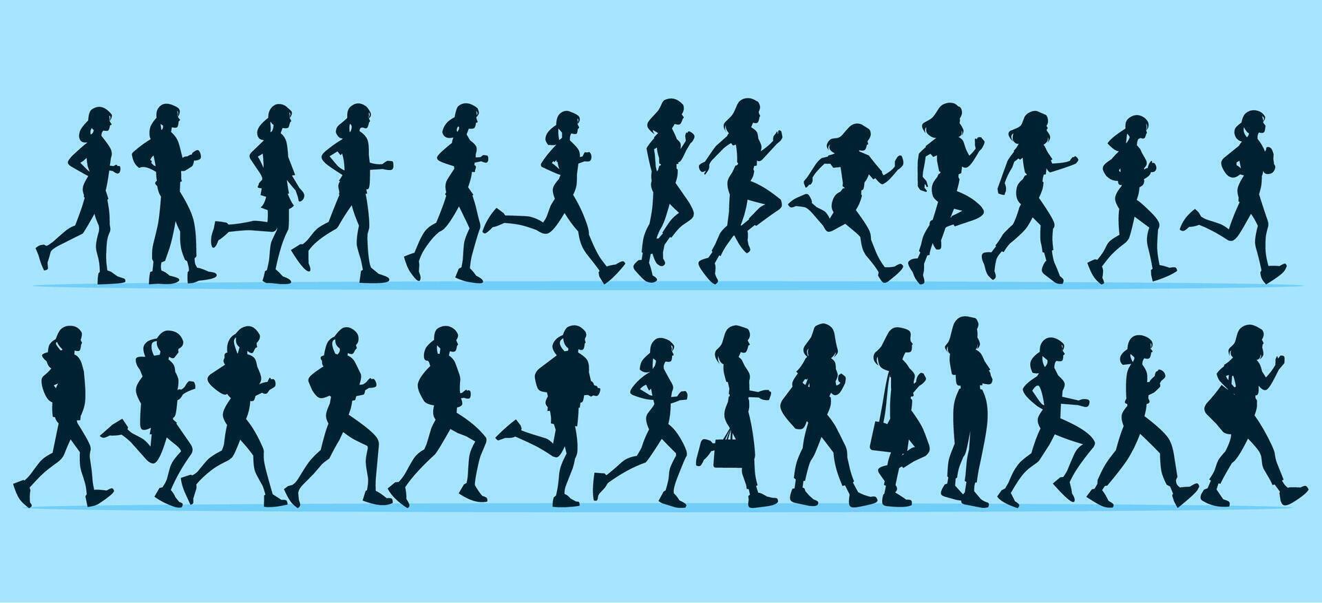 silhouettes of women walking, running, and jogging in different poses. The figures are depicted with variations in speed, posture, and carrying handbags or backpacks. vector