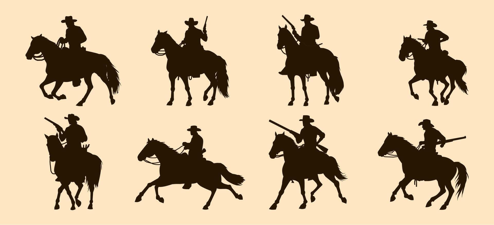Silhouettes of cowboys riding horses, some holding rifles, representing scenes of the Wild West in various dynamic poses. vector