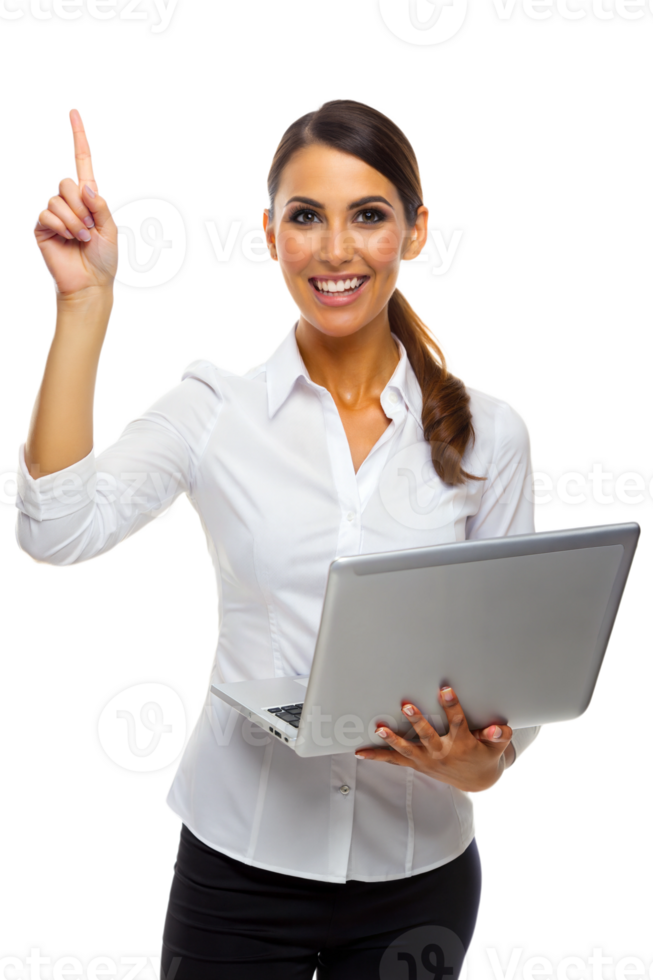 Woman excitedly showing laptop indoors png