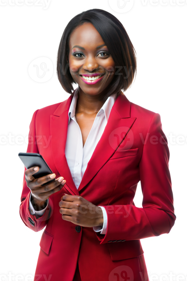 Woman in red suit smiles with smartphone png