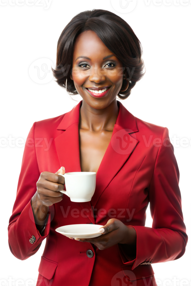 Woman in red suit sipping tea casually png