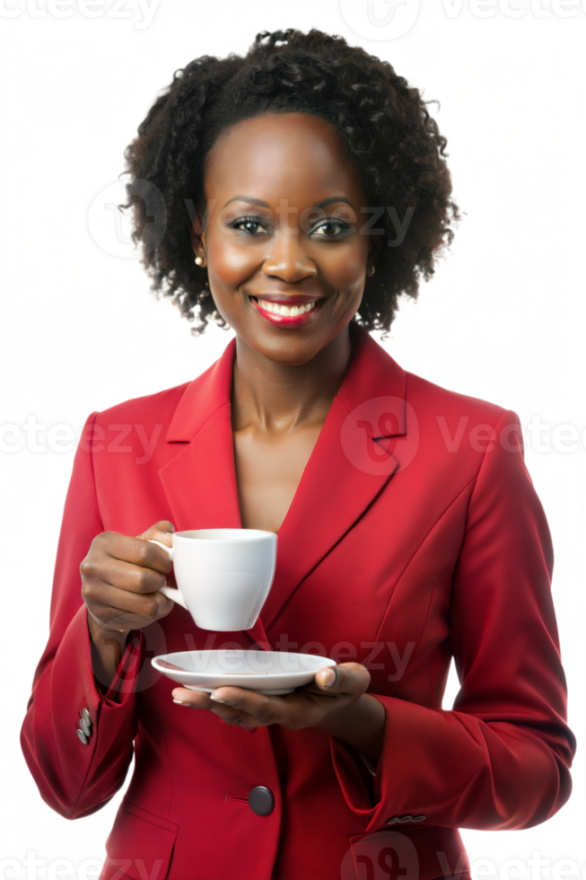 Professional woman enjoying tea in formal attire png