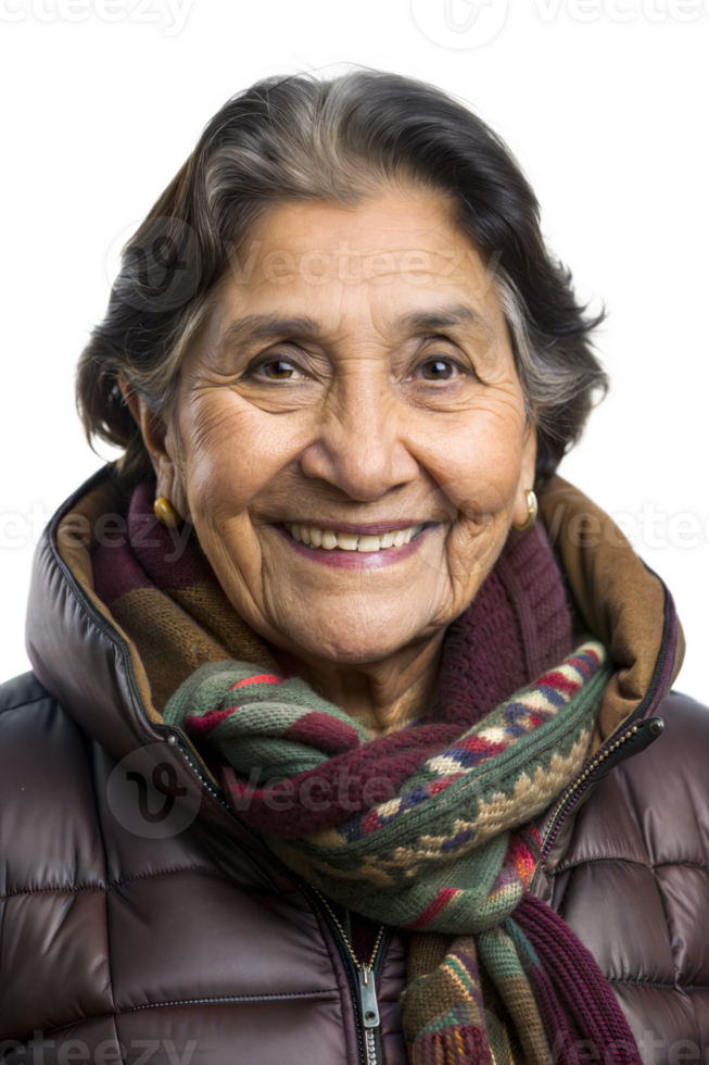Smiling elderly woman in a cozy jacket and scarf png