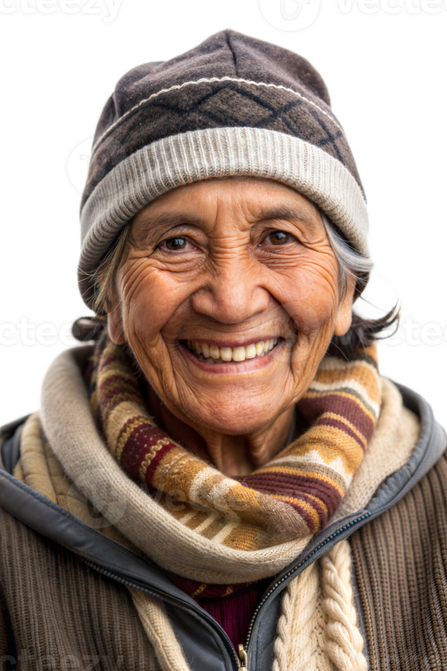 Elderly woman smiling warmly in winter attire png