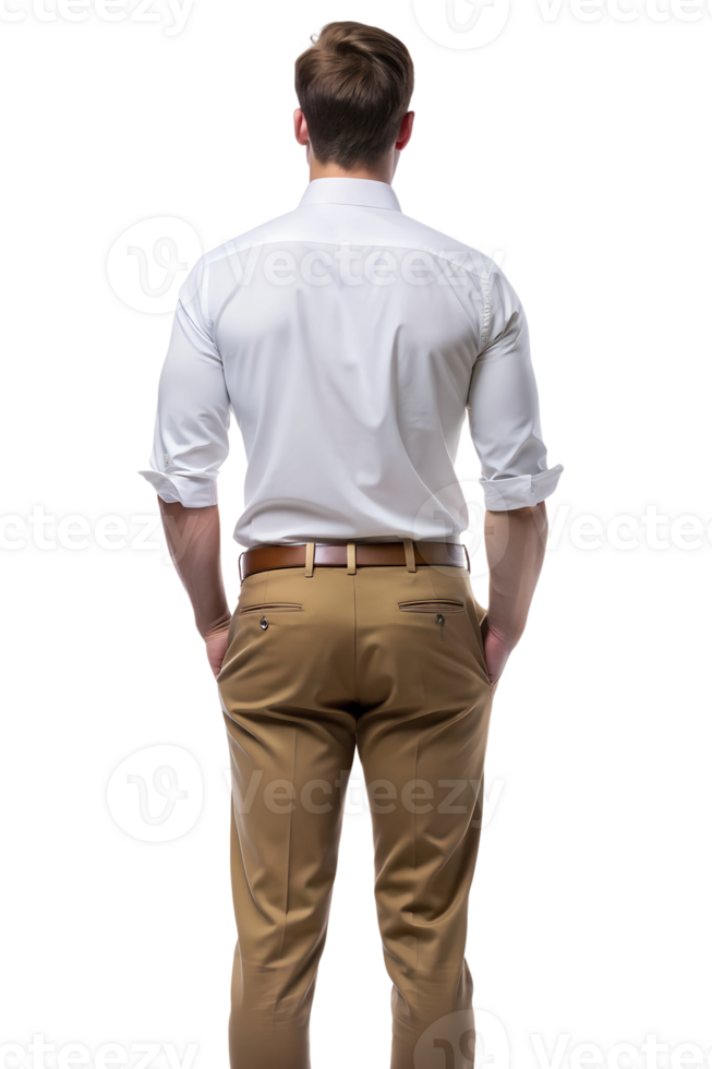 Man in white shirt and khaki pants standing still png