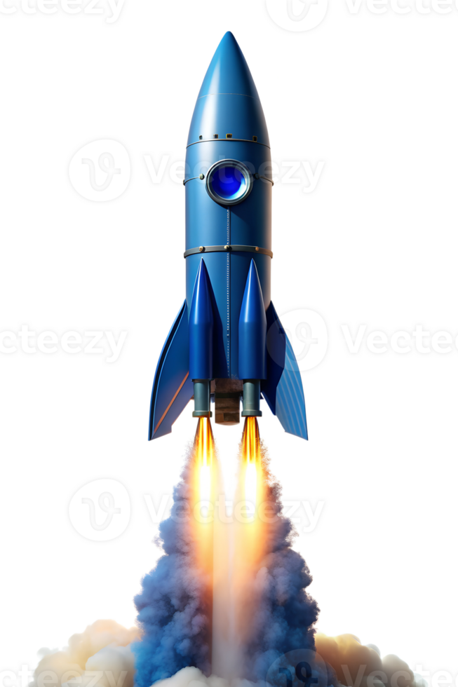 Rocket launching with vibrant flames in the sky png