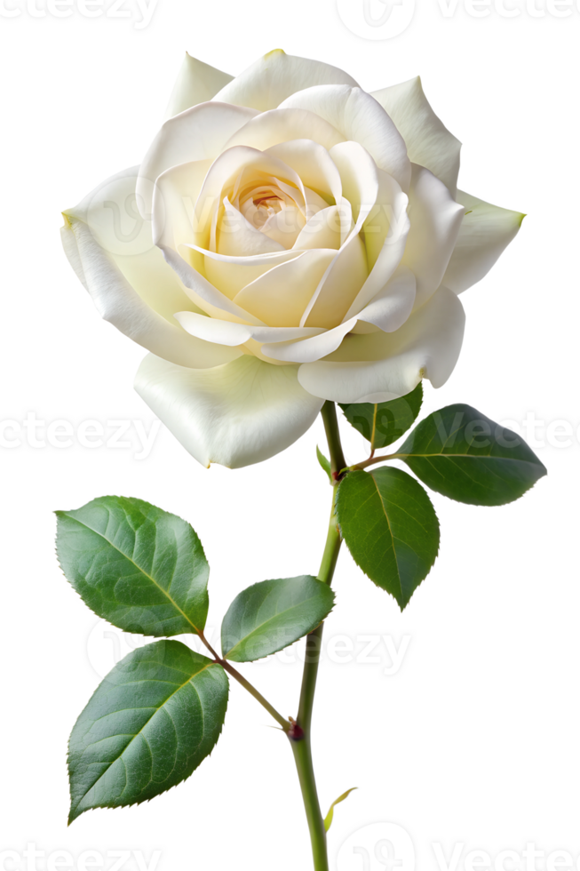 Elegant white rose with green leaves on display png