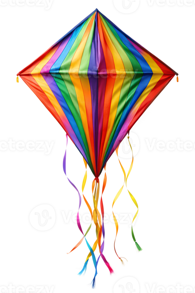 Vibrant rainbow kite flying against a clear sky png