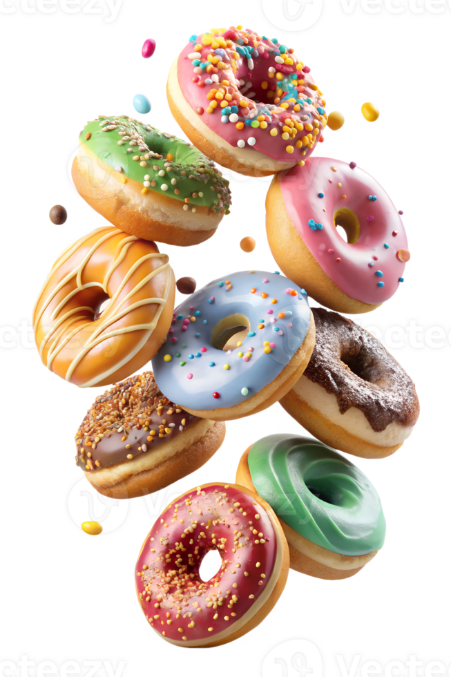 Colorful assorted donuts floating in the air png