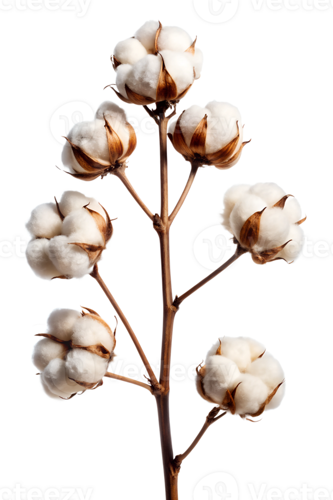 Fluffy white cotton bolls on branch png