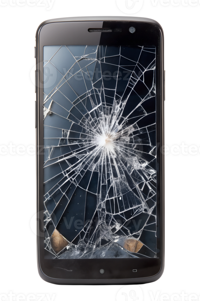 Cracked smartphone screen on dark background png