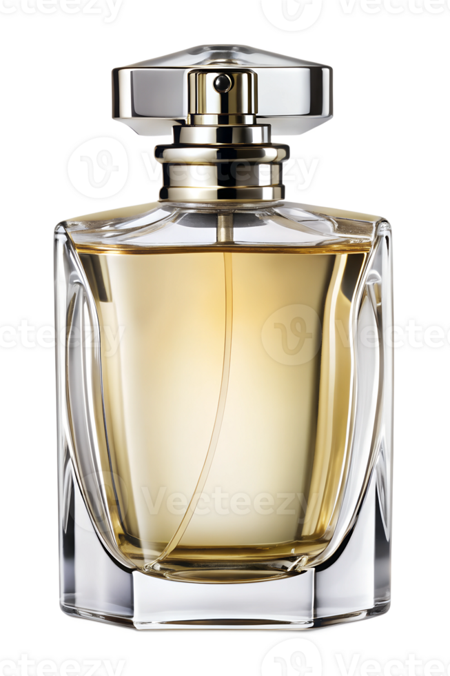 Elegant glass perfume bottle with golden liquid png