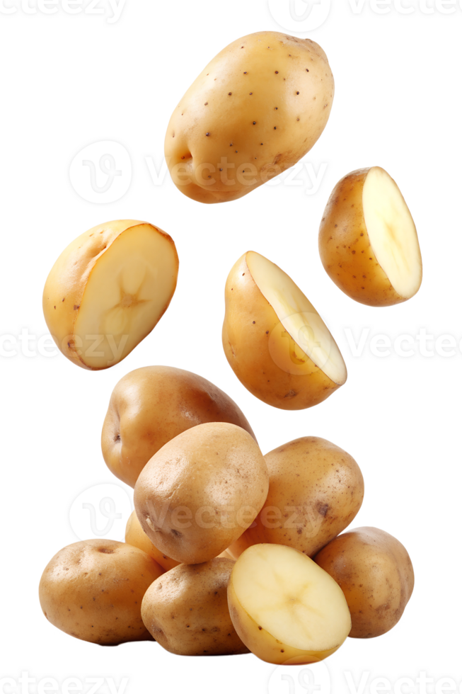 Fresh organic potatoes being tossed in the air png