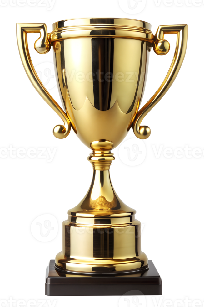 Shiny golden trophy on a solid black base png