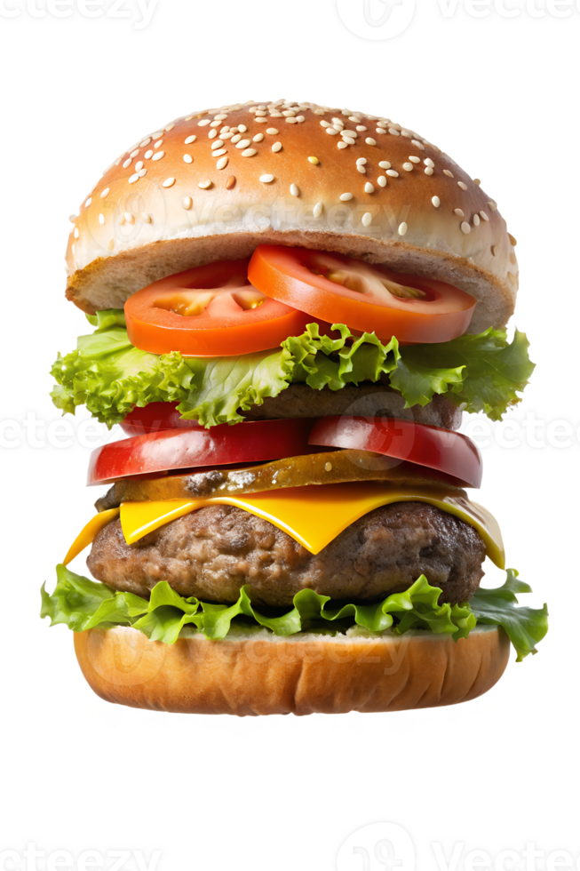 Tasty stacked burger with veggies and cheese png