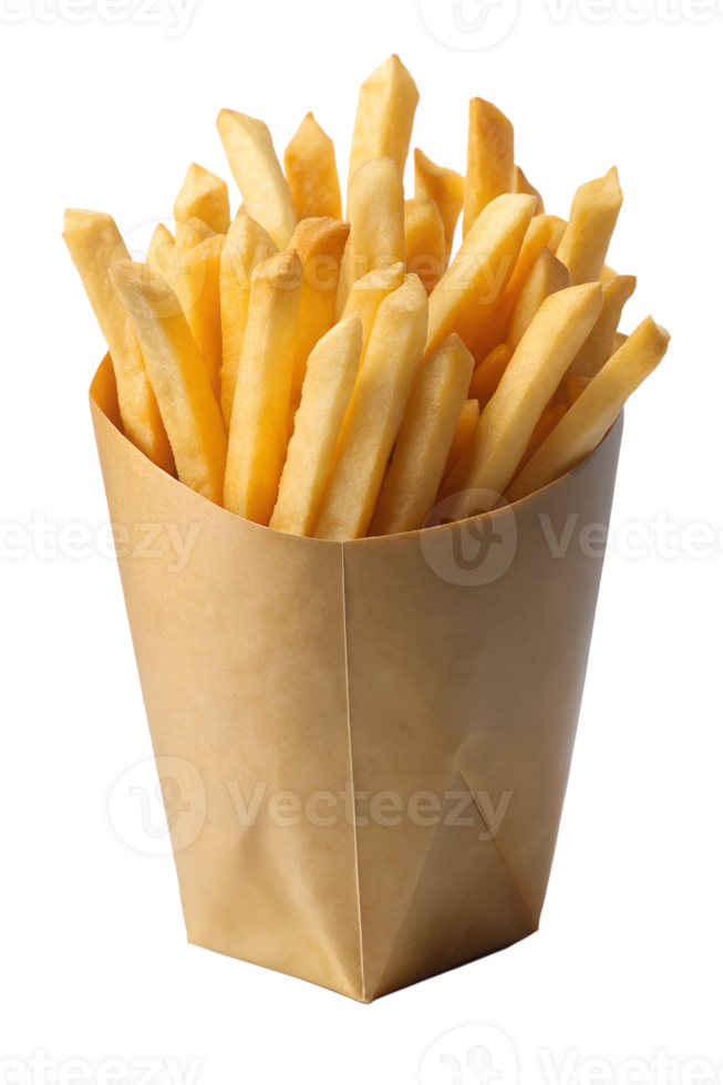 Freshly fried golden French fries in a paper cup png
