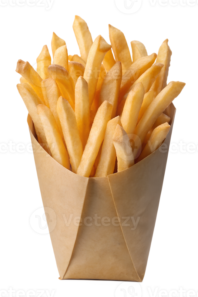 Freshly cooked crispy golden fries in a paper cone png