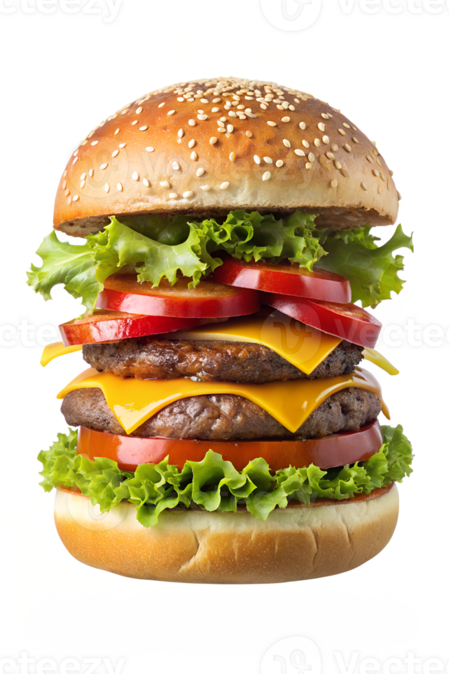 Yummy stacked cheeseburger with fresh toppings png