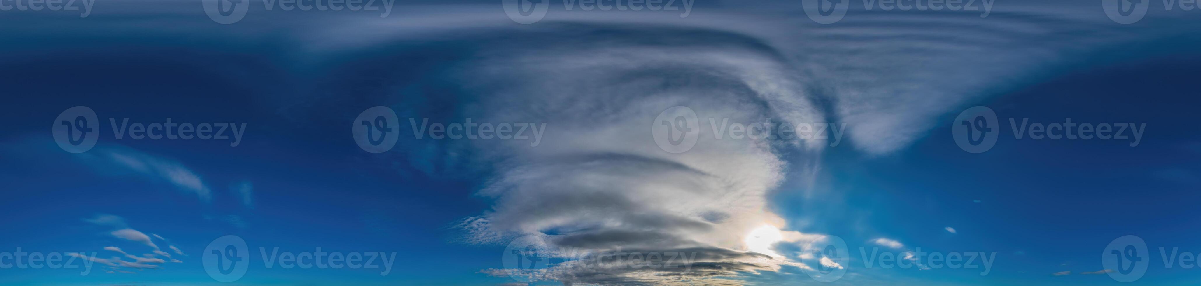 Blue sky with Cirrus clouds Seamless panorama in spherical equirectangular format. Complete zenith for use in 3D graphics, game and for composites in aerial drone 360 degree panoramas as a sky dome photo