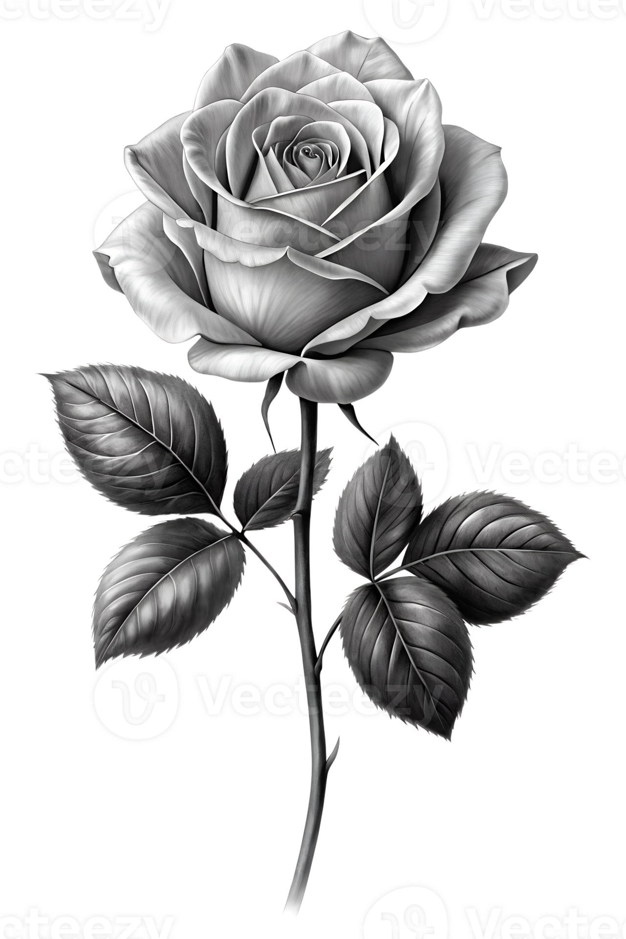 Black and white rose with detailed leaves 51555251 PNG