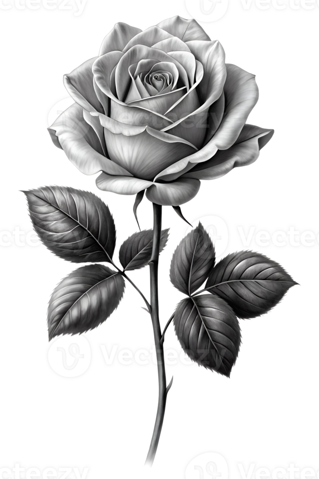 Black and white rose with detailed leaves png