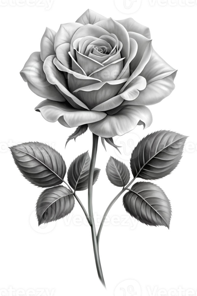 Detailed black and white rose with leaves png