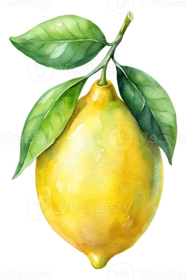 Yellow lemon hanging from branch with green leaves png