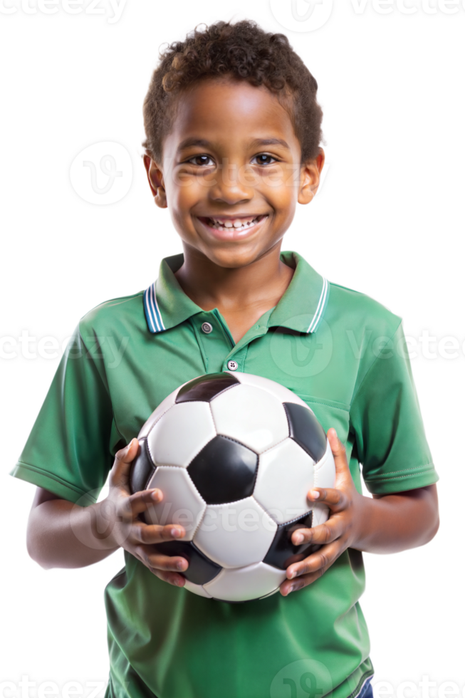 Young boy happily holding a soccer ball indoors png