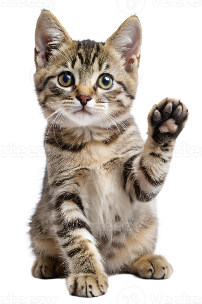 Cute tabby kitten waving its paw in playful pose png
