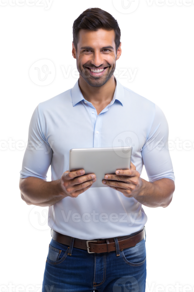 Smiling man holding a tablet and looking confident png